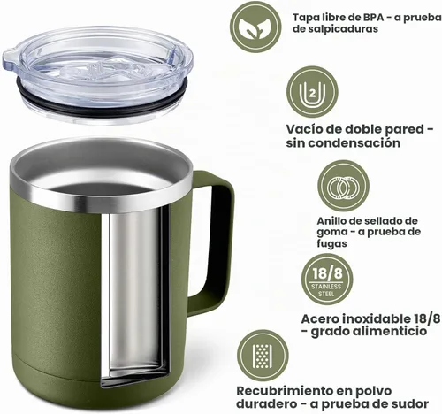Vista 2 de MEWAY - Taza de café con asa, vaso térmico Verde militar