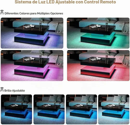 Vista 4 de HedoAjim Mesa de centro LED negra para sala de estar, mesa de sala de estar, mesas centrales cuadradas de 2 niveles, mesas de centro de madera