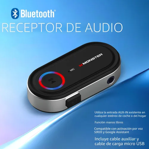 Vista 5 de Receptor de audio Bluetooth Monster, adaptador Bluetooth auxiliar con entrada de 3.5mm, llamadas manos libres, compatible con Siri y Google Voice