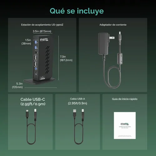 Vista 9 de Plugable Estación de acoplamiento dual DisplayPort y HDMI - Dock USB 3.0 y USB-C para portátil para monitores duales, DisplayLink, Mac