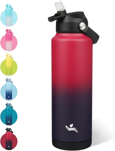 Vista 23 de Konokyo - Botella de agua deportiva aislada de acero inoxidable de 18 onzas con tapa con popote Black; BPA-free, leak-proof sports bottle with