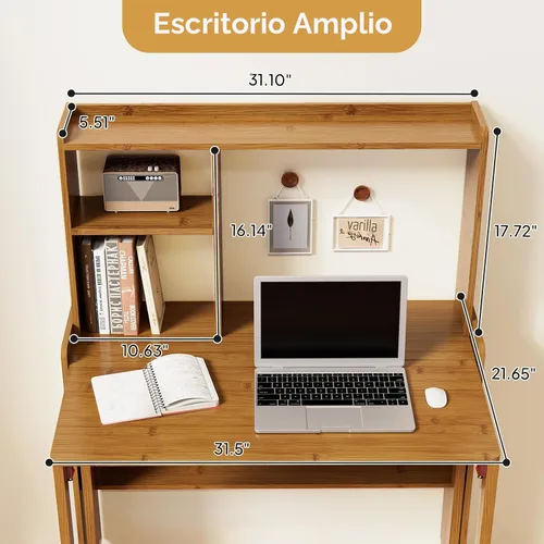 Vista 2 de Escritorio plegable de bambú de 31.1 pulgadas con estantería, escritorio compacto para computadora para espacios pequeños, escritorio plegable