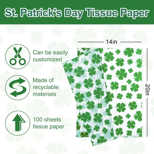 Vista 2 de Whaline 100 hojas de papel de seda para el día de San Patricio, acuarela, trébol, papel de regalo de trébol verde, papel de regalo para el hogar