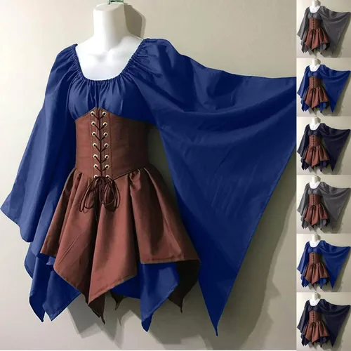 Vista 4 de Vestido irlandés tradicional para mujer, disfraz medieval renacentista, manga acampanada, falda de corsé, vestido gótico victoriano