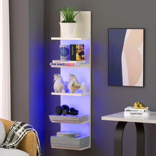 Vista 11 de VIWODS Estante de pared de 4 niveles con luces LED, estante flotante para decoración del hogar, estante vertical montado en la pared