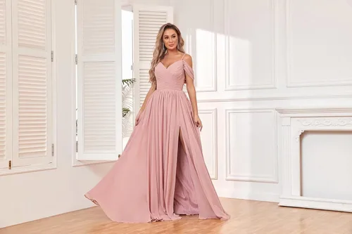 Vista 6 de BOLENSYE Vestidos de dama de honor con hombros descubiertos y bolsillos, vestido de noche formal con abertura larga de gasa fruncida