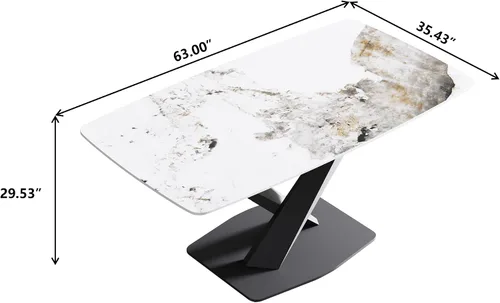 Vista 2 de Mesa de comedor moderna, mesa de comedor de piedra sinterizada blanca antigua con base de acero al carbono sólido en forma de X, mesa de comedor