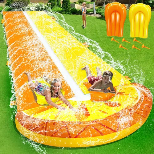 Vista 7 de iGeeKid Toboganes de agua de piña con 2 tablas de bodyboards para niños y adultos, juguetes de agua resistentes, aspersores, 2 carriles de carreras