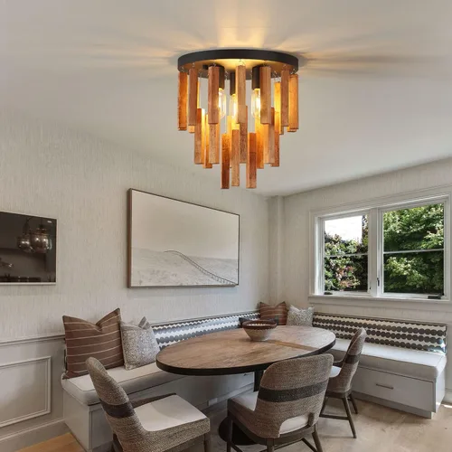 Vista 9 de Lámparas de techo semiempotradas de 3 luces, lámpara de madera bohemia, lámpara de techo de roble y negro con E26 para cocina, sala de estar