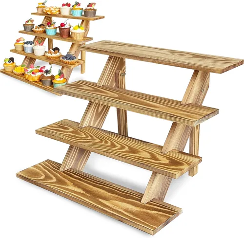 Vista 8 de Soporte de madera de acacia para cupcakes de 4 niveles de madera rústica para cupcakes para bodas, fiestas y postres