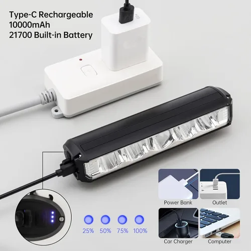 Vista 4 de Luz de bicicleta recargable por USB de 2000 lúmenes, faro de bicicleta de 10000 mAh con función de banco de energía, barra de luz frontal súper