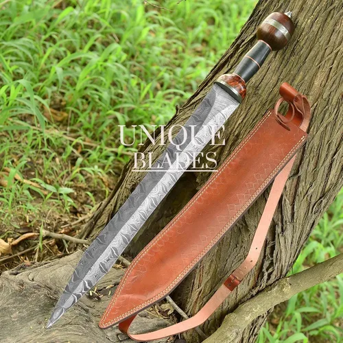 Vista 6 de Espada de Gladius romana, réplica de espada de gladiador de 27 pulgadas con hoja de espiga completa de acero de Damasco y funda para cosplay