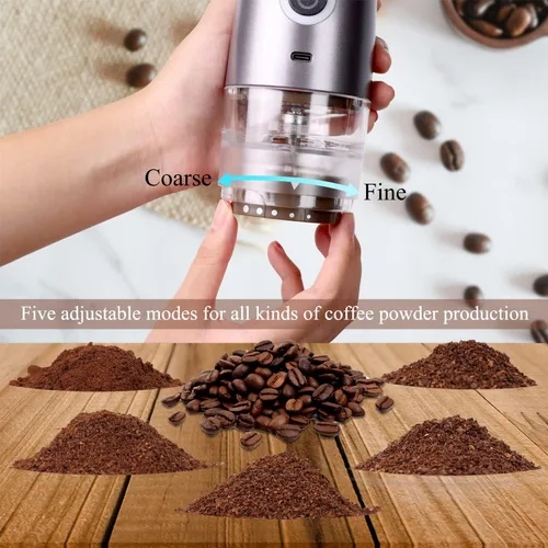 Vista 4 de Mulli Molinillo de café portátil, molinillo eléctrico para café, molinillo de rebabas ajustable con 5 ajustes precisos de molienda para goteo