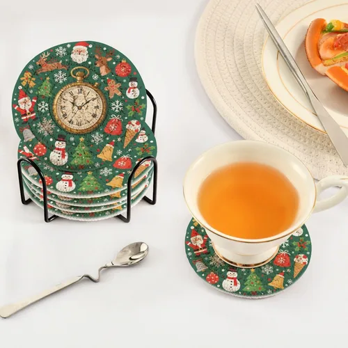 Vista 5 de Merry Christmas Vintage Pocket Watch Green Coasters Absorbant Set with Holder 6 Pack Drink Coasters for Home Posavasos para Mesa