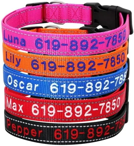 Vista 10 de Collares de perro personalizados, collar de perro bordado reflectante personalizado con nombre y números de teléfono, nailon suave ajustable