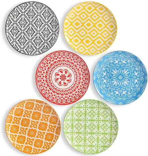 Vista 10 de Juego de platos de postre de cerámica de 6 a 8 pulgadas para ensalada y aperitivo, colores vibrantes para mezclar y combinar, aptos