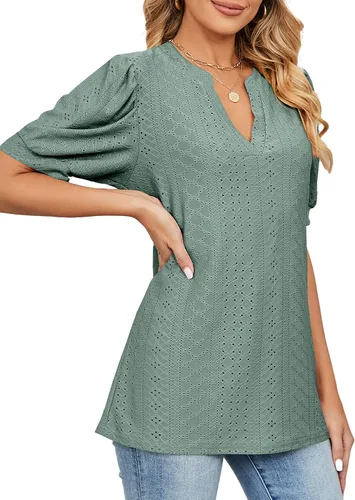 Vista 2 de Blusas de manga corta abombada para mujer, con ojales, estilo casual, cuello en V, blusas elegantes para verano