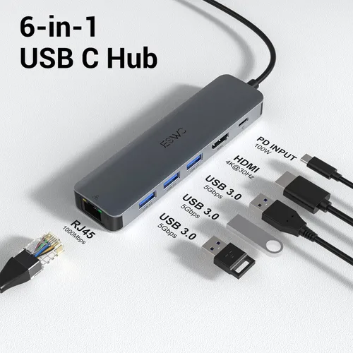 Vista 2 de Hub USB C, adaptador multipuerto USB C de JESWO con RJ45 Ethernet, 4K HDMI, 100 W PD, 3 puertos USB 3.0, base tipo C para laptop Thunderbolt 3