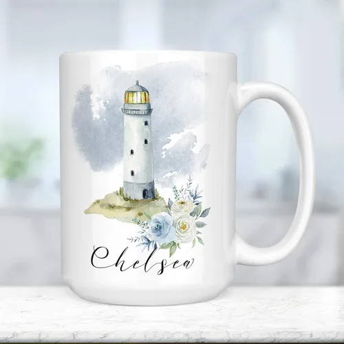 Vista 4 de Taza de cerámica personalizada con faro floral azul