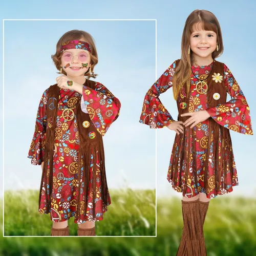 Vista 4 de Erweicet 19PCS 60s 70s Outfits Hippie Costume Set Hippie Dress for Girls Hippie Dress with Vest Sign Headband Pins Tattoos