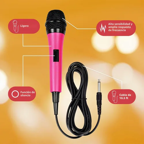 Vista 3 de Máquina de Cantar Micrófono con Cable para Karaoke, (Rosa) - Micrófono Vocal Dinámico Unidireccional - Micrófono de Enchufe para Máquina de Karaoke