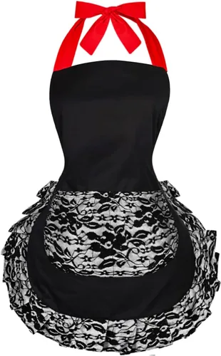 Vista 7 de Violet Mist Delantales coquetos de encaje negro para mujer con bolsillo, delantales negros sexys para cocinar, delantal para mujeres y niñas