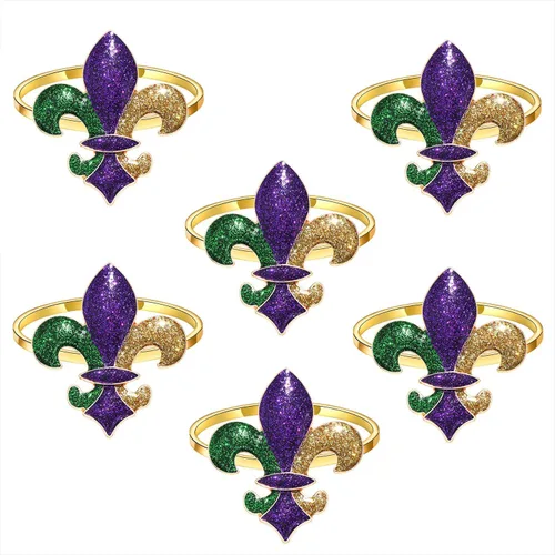 Vista 3 de 6 servilleteros de Mardi Gras, máscara con purpurina de flor de lis, servilleteros para colocar la mesa, servilletero de martes grasos, anillos