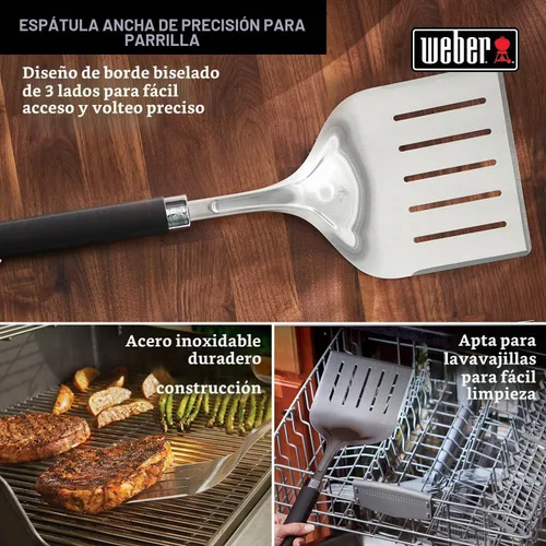 Vista 5 de Weber Espátula ancha para parrilla de precisión, espátula de barbacoa de acero inoxidable con borde biselado de 3 lados, mango antideslizante suave