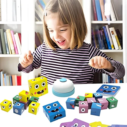 Vista 5 de Cubos de madera, IQ Puzzle, Building Cube Express Toy Faces, Magic Face Building Block Puzzle de madera Montessori Toy