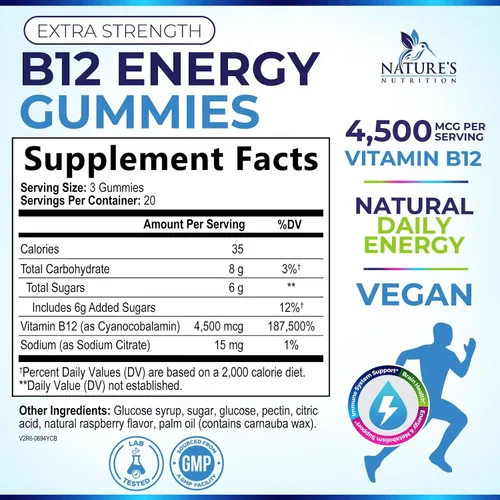 Vista 2 de Gomitas energéticas B12 – 4500 mcg de vitamina B12 por porción – Suplemento B12 masticable extra fuerte para energía, metabolismo y apoyo