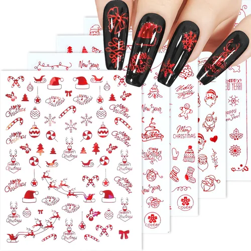 Vista 10 de Calcomanías de uñas – Navidad 3D, calcomanías autoadhesivas para uñas, patrón multicolor, 10 hojas, para arte de uñas