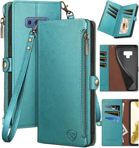Vista 11 de XcaseBar Funda tipo cartera para Samsung Galaxy Note 9 con cremallera y tarjetero de crédito con bloqueo RFID, funda de piel sintética con tapa