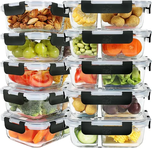 Vista 14 de Contenedores de preparación de comidas, 2 compartimentos con cuencos de vidrio con tapas, recipientes de almacenamiento de alimentos, recipientes
