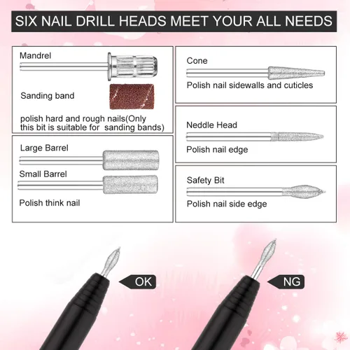 Vista 2 de Juego de taladro de uñas portátil Herramientas de forma de pulido para uñas de gel acrílico con brocas de uñas, bandas de lijado y cepillo (negro)