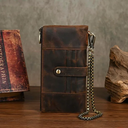 Vista 9 de Genuino Caballo Loco Cuero Regalo de Viaje Moneda Bolsillo Tarjetero Organizador Largo Cadena Rfid Cartera Monedero Con Broche Para Hombres Hombres