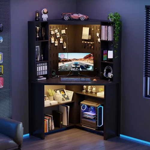 Vista 3 de Escritorio de esquina con luces LED de lectura, escritorio para computadora en forma de L con estante superior y repisas, escritorio triangular