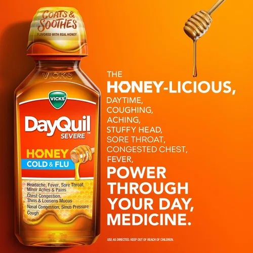 Vista 4 de VICKS DayQuil & NyQuil - Paquete de sabor a miel SEVERE, medicamento para el resfriado y la gripe, alivia el dolor de cabeza, fiebre, dolor