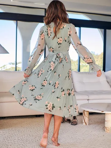 Vista 4 de ANRABESS Vestido midi de gasa floral para mujer, manga larga abombada, cuello alto falso, vestidos de verano, bodas, fiestas, otoño 2025