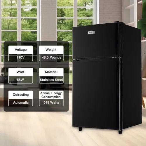 Vista 4 de WANAI - Refrigerador compacto de 3.5 pies cúbicos, diseño de 2 puertas, termostato ajustable, estantes ajustables y extraíbles, adecuado