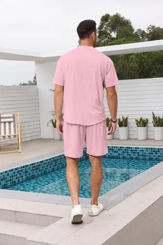 Vista 3 de Lexiart Conjunto deportivo casual de 2 piezas para hombre, pantalones cortos de verano, de gran tamaño, manga corta, conjunto deportivo