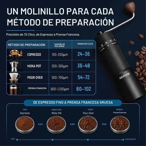 Vista 6 de Molinillo de café manual, molinillo de café cónico de 72 clics, molinillo de café manual de acero inoxidable, taza de captura magnética, mango
