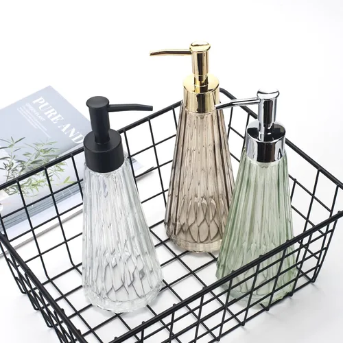 Vista 6 de IVAILEX Dispensador de jabón de manos de 10 oz/10.1 fl oz para baño, dispensador de jabón de cocina, dispensador de jabón de vidrio con bomba dorada