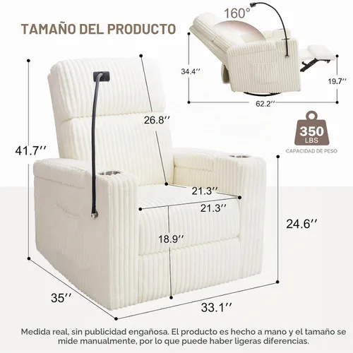 Vista 2 de ABCASA Mecedora reclinable eléctrica para guardería, planeador giratorio Pana-blanco