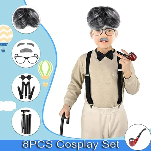 Vista 2 de FUYVA Old Man Wig Costume for Kids, 100 Days of School Cosplay Fun Set for Boys - 7 Pieces with Grey Wig, Mustache, Cane, Glasses for Grandpa