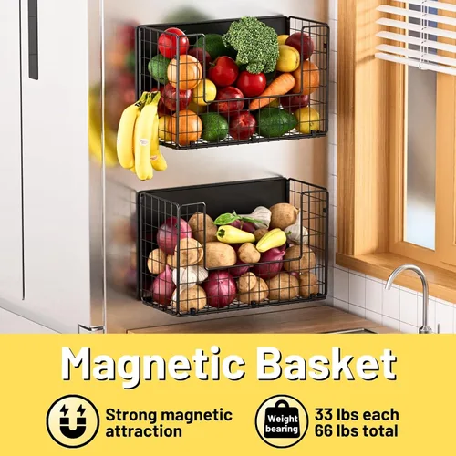 Vista 2 de Juego de 2 estantes magnéticos para refrigerador, contenedores de almacenamiento de frutas, papas y cebollas, organizadores y almacenamiento