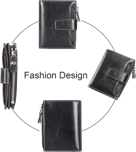 Vista 3 de Lavemi Pequeña cartera compacta para mujer, con bloqueo RFID, de piel auténtica, plegable, con ventanas de identificación