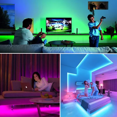 Vista 7 de Tira de luces LED de 50 pies (15 m), kit de iluminación regulable, flexible, de 450 LED RGB, 110 V, impermeable, con conectores macho y hembra
