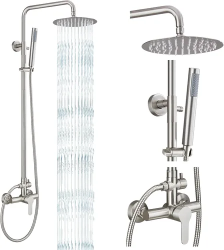 Vista 13 de gotonovo accesorios de ducha al aire libre SUS304 de acero inoxidable, kit de ducha de lluvia de alta presión, montaje en pared, 2 funciones Negro