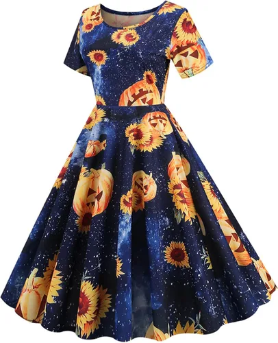 Vista 3 de Vestido de Halloween para mujer, estampado de moda, manga corta, cuello redondo, casual, dobladillo