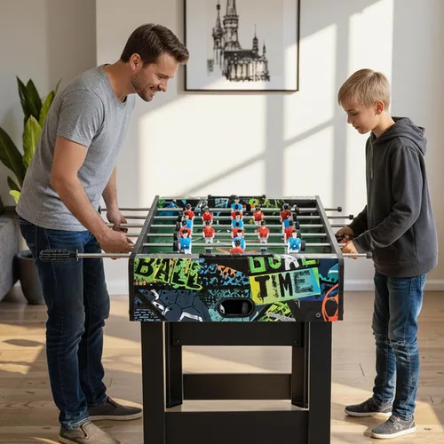 Vista 4 de GYMAX Mesa de futbolín, juego de mesa de fútbol de 37 pulgadas con 2 bolas, anotadores manuales, construcción de MDF resistente para sala